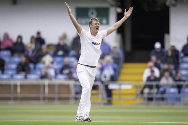 Yorkshire's Steven Patterson appeals for the wicket of Lancashire's Keaton Jennings.  Picture: Allan McKenzie/SWpix.com