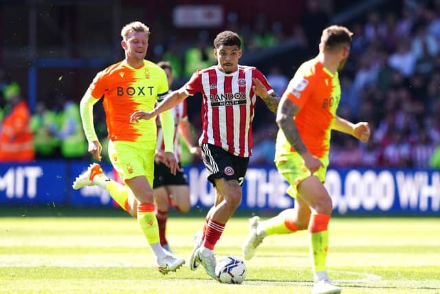 Sheffield United's Morgan Gibbs-White runs at the Nottingham Forest defence. Picture: PA.