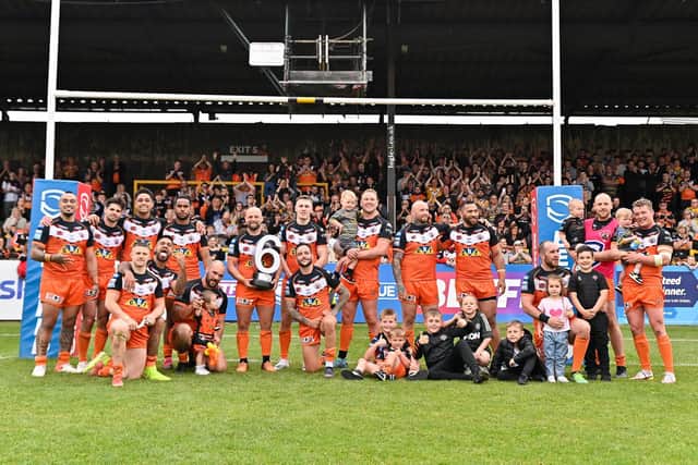 Castleford celebrate with the Roger Millward Trophy. (Picture: SWPix.com)