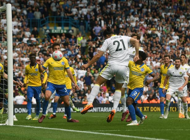 Leeds United's Pascal Struijk heads in his late goal against Brighton (Picture: Jonathan Gawthorpe)
