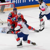 On target: Great Britain’s Mark Richardson scores against Norway in the World Championships.  (Picture: Dean Woolley/IHUK Media)