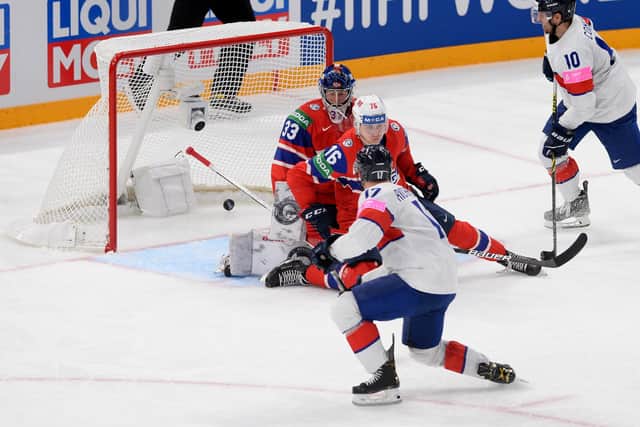 On target: Great Britain’s Mark Richardson scores against Norway in the World Championships.  (Picture: Dean Woolley/IHUK Media)