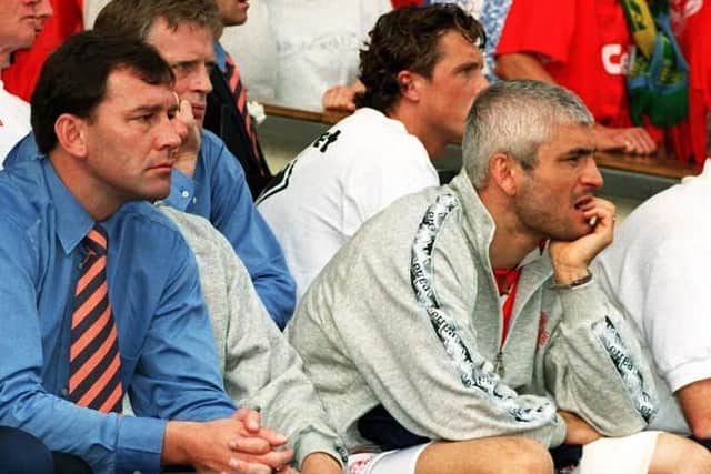 Middlesbrough manager Bryan Robson (left) and injured striker Fabrizio Ravanelli watch their side defeated 2-0 by Chelsea in the FA Cup at Wembley (Picture: Rebecca Naden/PA)