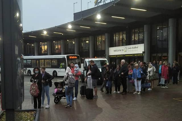 Passengers in the queue outside Leeds Bradford Airport when Richard Horsman arrived to catch a flight. Picture: Richard Horsman