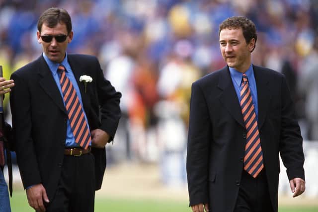 Middlesbrough chairman Steve Gibson (r) with manager Bryan Robson look on before the 1997 FA Cup Final between Middlesbrough and Chelsea at Wembley Stadium. (Picture: Ben Radford/Allsport/Getty Images)