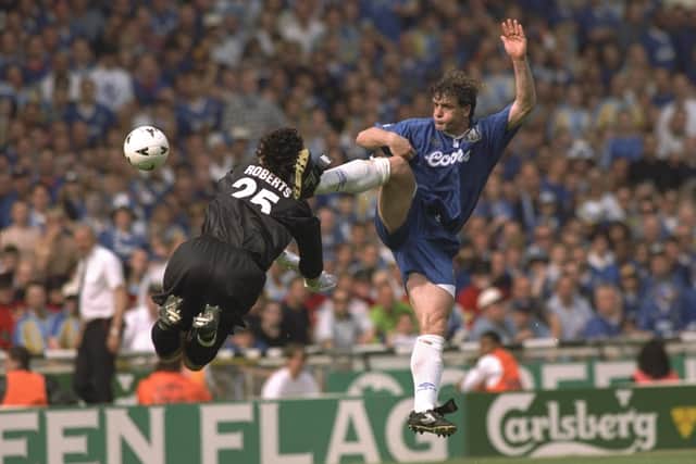 Mark Hughes (right) of Chelsea challenges Middlesbrough goalkeeper, Ben Roberts, during the FA Cup Final at Wembley (Picture: Shaun Botterill /Allsport)