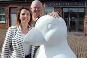 The puffin sculptures which are now being painted up, have arrived in Hull and will be distributed to create a new animal trail throughout East Yorkshire.
Rachel and James Murray with a fibre glass puffin outside the Boathouse offices in Hull.