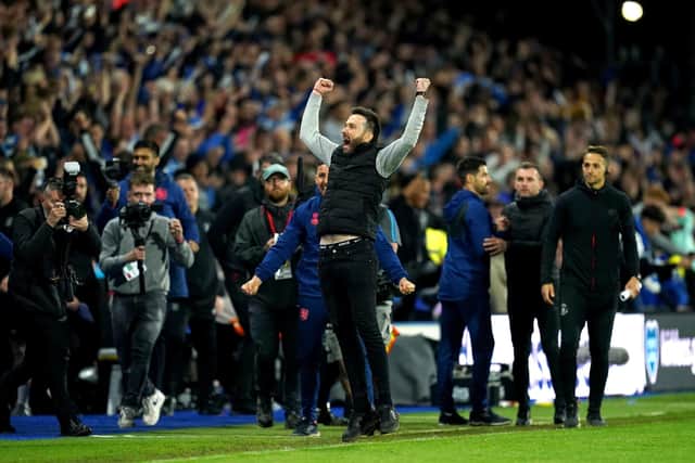Huddersfield Town manager Carlos Corberan celebrates getting through to the play off final. Picture: PA.