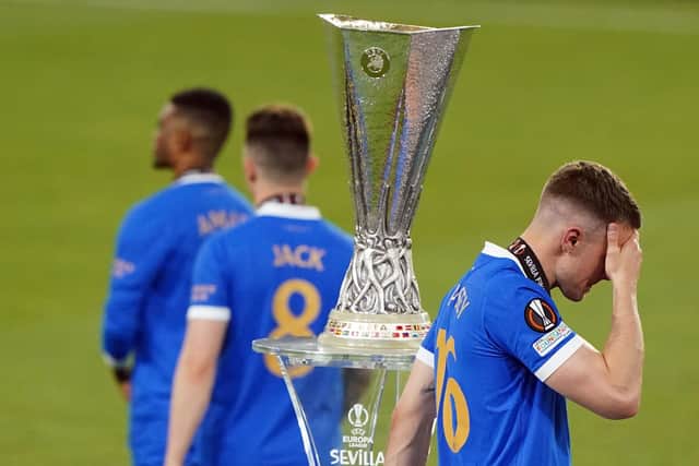 Rangers' Aaron Ramsey walks past the trophy following defeat in the UEFA Europa League Final at the Estadio Ramon Sanchez-Pizjuan, Seville. (Picture: PA)