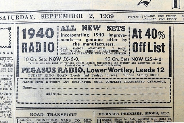 An advert in the Yorkshire Evening Post dated September 2, 1939 seeing in the new century with '1940 Radio'
