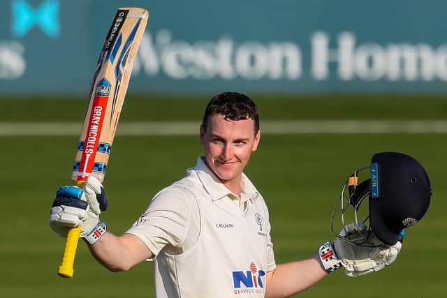 Harry Brook celebrates his century on day three of Essex v Yorkshire in Chelmsford (Picture: John Heald)