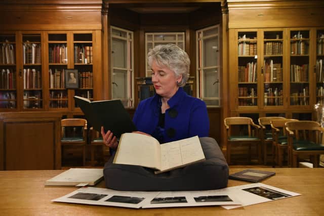 Project lead for the Dialect and Heritage Project Dr Fiona Douglas with field worker response books in the Brotherton Room at the University of Leeds library. Picture : Jonathan Gawthorpe