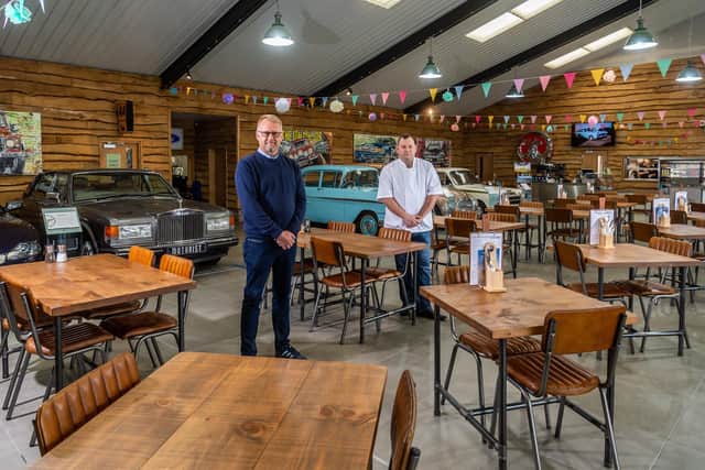 Simon Spinks and chef Ian Matfin in the cafe and showroom at the Motorist