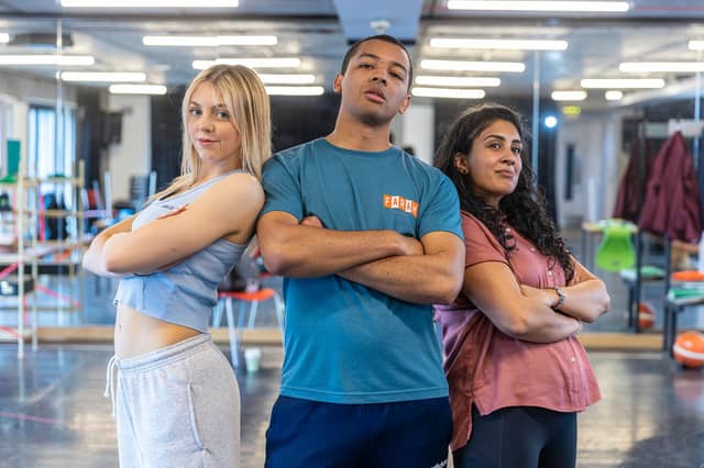 Martha Godber, Levi Payne and Purvi Parmar in rehearsals for John Godber's Teechers Leavers '22 at Hull Truck.