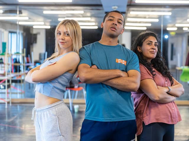 Martha Godber, Levi Payne and Purvi Parmar in rehearsals for John Godber's Teechers Leavers '22 at Hull Truck.