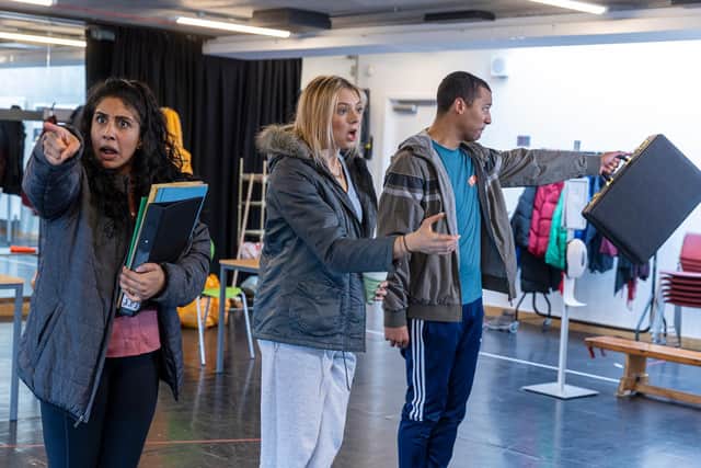 Purvi Parmar, Martha Godber and Levi Payne and  in rehearsals for John Godber's Teechers Leavers '22 at Hull Truck.