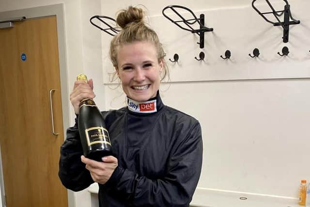 Special moment: Jockey Joanna Mason after riding her 95th winner at Catterick and losing her claiming professional status.  Picture: Joanna Mason