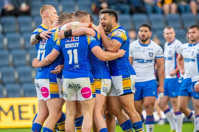 Leeds Rhinos celebrate James Bentley's first try. (Picture: Bruce Rollinson/YP)