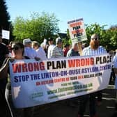 More than 100 protestors chanted “Wrong Plan, Wrong Place,” ahead of a parish council meeting in Linton-on-Ouse. Picture: Jonathan Gawthorpe.