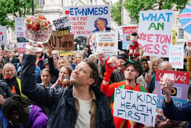 Chef Jamie Oliver takes part in the What An Eton Mess demonstration outside Downing Street, London, calling for Prime Minister Boris Johnson to reconsider his U-turn on the Government's anti-obesity strategy.