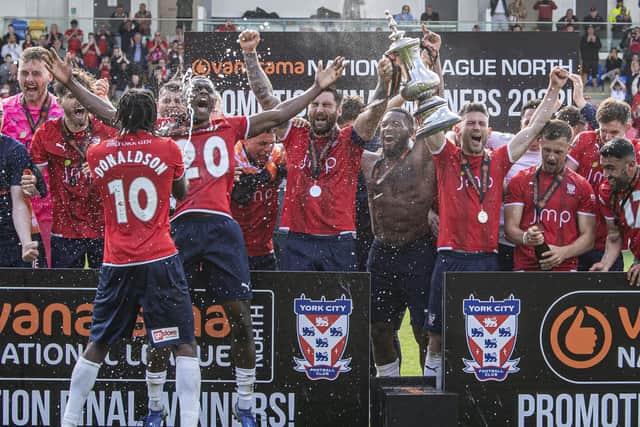 York City celebrate promotion to the National League after winning 2-0.  Picture: Tony Johnson