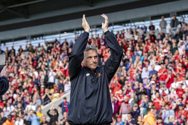 York City manager John Askey celebrates promotion.  Picture: Tony Johnson