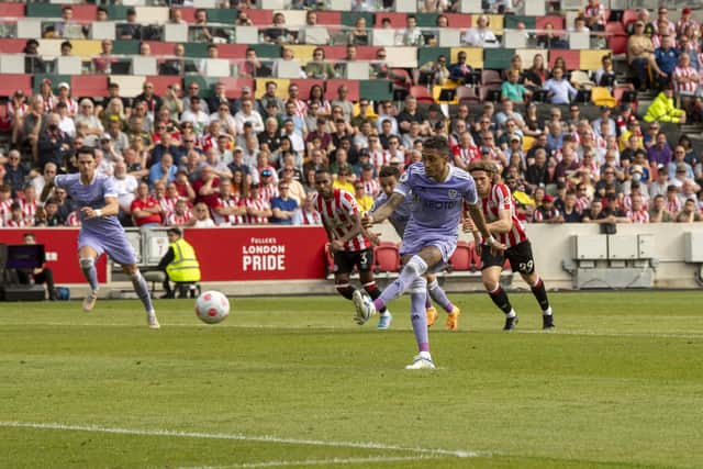 Raphinha opens the scoring from the penalty spot. (Picture: Tony Johnson)
