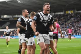 Hull of a win: Black and Whites' Scott Taylor celebrates after Carlos Tuimavave scored a try. Picture by Anna Gowthorpe/SWpix.com