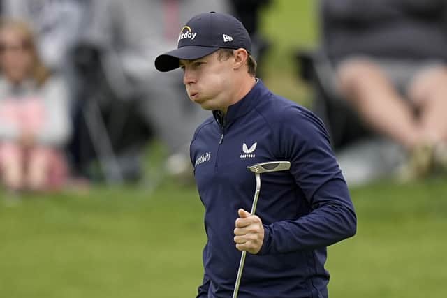 Matt Fitzpatrick, of England, reacts after missing a putt on the 12th hole during the third round of the PGA Championship at Southern Hills Country Club, Saturday, May 21, 2022, in Tulsa, Okla. (AP Photo/Eric Gay)