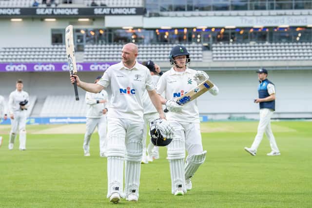 Yorkshire's Adam Lyth (l) with Harry Duke thanks the supporters after making a century against Warwickshire. (Picture: SWPix.com)