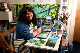 Artist Anji Timlin in her studio at Dean Clough, Halifax