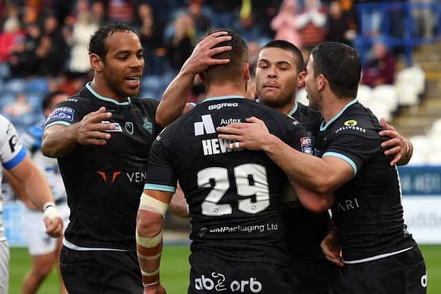 Huddersfield celebrate Sam Hewitt's try against Toulouse. (Picture: SWPix.com)