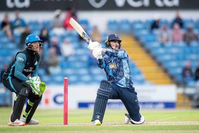 Blast Brother: Yorkshire Vikings' Jordan Thompson plundered 66 off 28 balls in his record stand with Brook. Picture by Allan McKenzie/SWpix.com