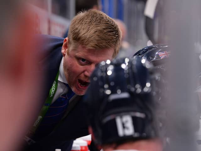 Pete Russell gets his message across to his players on the bench during the World Championships. Picture: Dean Woolley/IHUK.