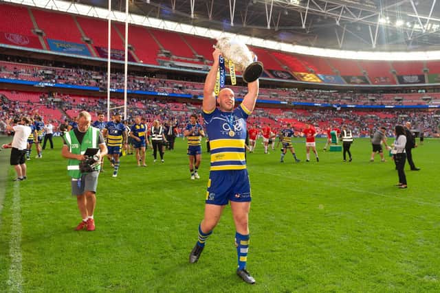 Chris Hill lifts the trophy at Wembley in 2019. (Picture: SWPix.com)