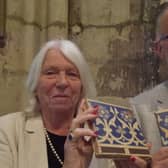 Churchwardens Tina Morley and Rob Dean with tiles from Pocklington’s All Saints church porch. Photo submitted