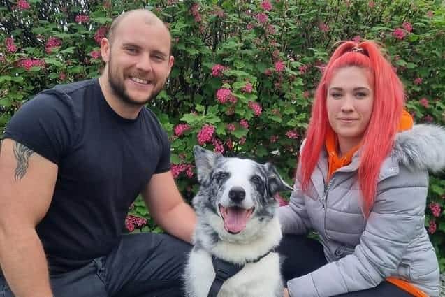 Kiba with owners Max and Katie