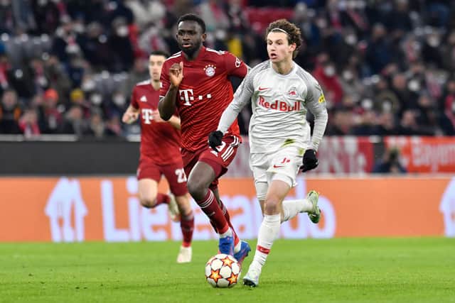 Baye4rn Munich's Tanguy Nianzou and Salzburg's Brenden Aaronson battle during their UEFA Champions League Round of 16 clash in Munich in March Picture: Franz Kirchmayr/Getty Images