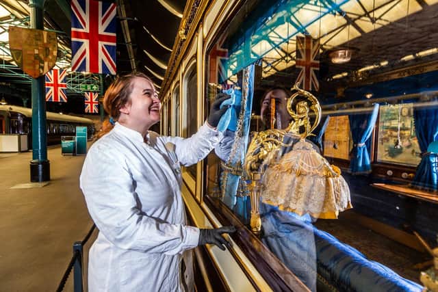 Pictured Katie Snow, Conservator for the NRM, working on the Queen Victoria's 1869 LNWR Royal Saloon is one of the treasures of the National Railway Museum at York. Writer: James Hardisty