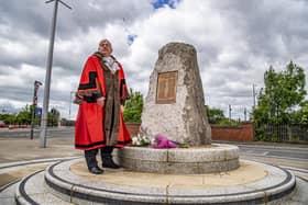 Coun Ian Dalgarno, The Mayor of Thornaby-on-Tees unveils the Dibbles Bridge Memorial outside Thornaby Town Hall Picture: Tony Johnson