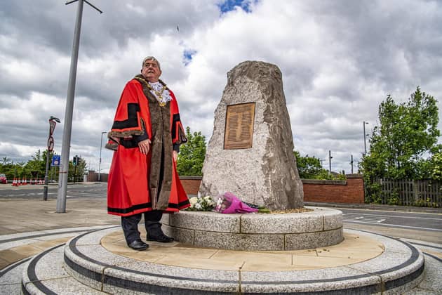 Coun Ian Dalgarno, The Mayor of Thornaby-on-Tees unveils the Dibbles Bridge Memorial outside Thornaby Town Hall Picture: Tony Johnson