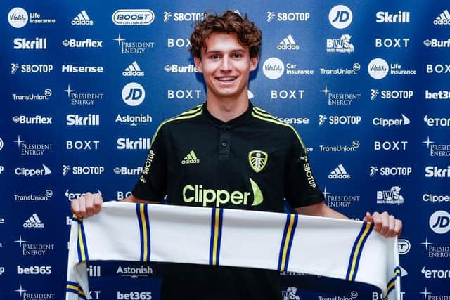 Leeds United's new signing Brenden Aaronson is unveiled at Elland Road. Picture: Leeds United.