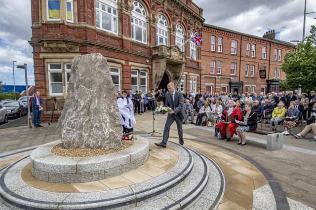 A commemoration by the Dibbles Bridge Memorial outside Thornaby Town Hall, 47 years on from the crash. Picture: Tony Johnson.