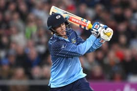 Vikings batsman Harry Brook hits out for a six during the Vitality T20 Blast match between Lancashire Lightning and Yorkshire Vikings at Emirates Old Trafford. Picture: Stu Forster/Getty Images