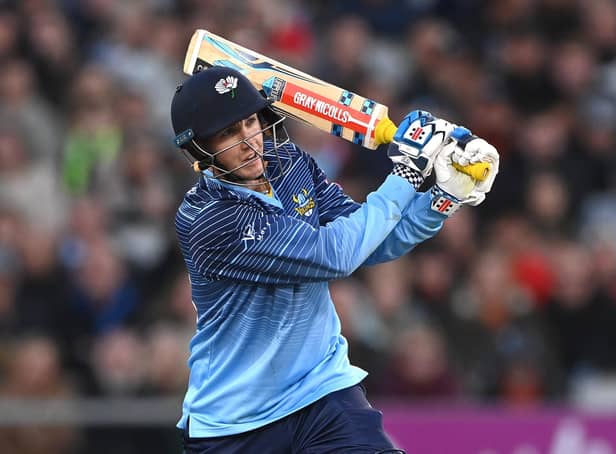 Vikings batsman Harry Brook hits out for a six during the Vitality T20 Blast match between Lancashire Lightning and Yorkshire Vikings at Emirates Old Trafford. Picture: Stu Forster/Getty Images