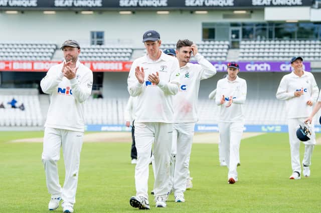 A dejected Yorkshire - including (l-r) Adam Lyth, Steve Patterson & Jordan Thompson - are unable to force victory over Warwickshire on the final day of their County Championship match. Picture by Allan McKenzie/SWpix.com