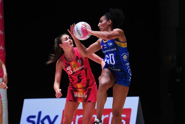 Leeds Rhinos' Vicki Oyesola, with ball, played her 100th Superleague game against London Pulse on Saturday. 
Picture: Jonathan Gawthorpe.