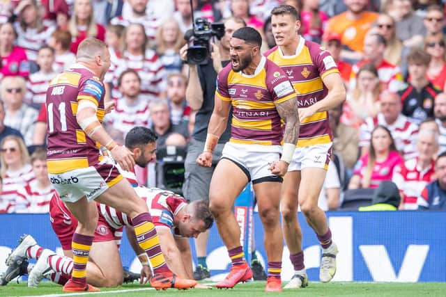 GREAT START: Huddersfield Giants' Ricky Leutele celebrates his try against Wigan Warriors in the Challenge Cup Final Picture: by Allan McKenzie/SWpix.com