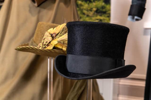 One of Anne Lister's iconic top hats at the new exhibition of costumes from BBC's Gentleman Jack series at the Bankfield Museum, Halifax., with Ann Walker's riding hat. Picture Bruce Rollinson