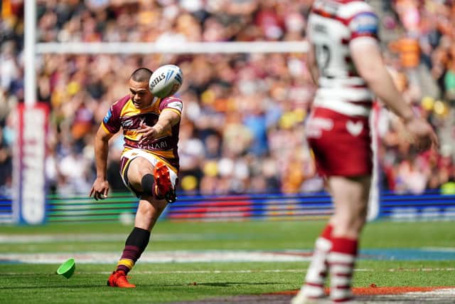 NO BLAME: Huddersfield Giants' Tui Lolohea kicks a penalty during the Challenge Cup Final against Wigan Warriors at the Tottenham Hotspur Stadium Picture: Mike Egerton/PA